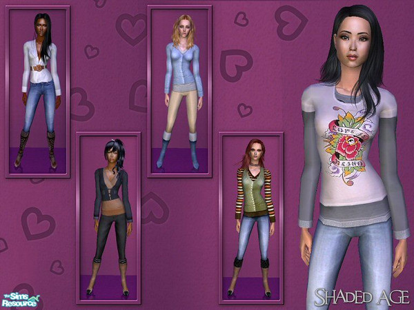 Sims 2 — Shaded_Age Clothing Set 2 by Shaded_Age — Long-sleeve tops with jeans and boots. 5 outfits and 1 new mesh