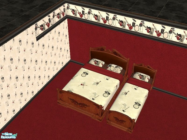 Sims 2 — Rock Out by tamlfra — Bedding that looks great on both single, and double beds, 3 wallpapers, and carpeting...