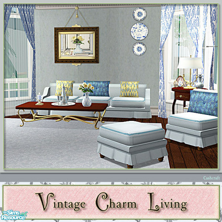 Sims 2 — Vintage Charm Living - Sofa Blue Recol by Cashcraft — A sofa, loveseat, armchair, ottoman, and coffee table for