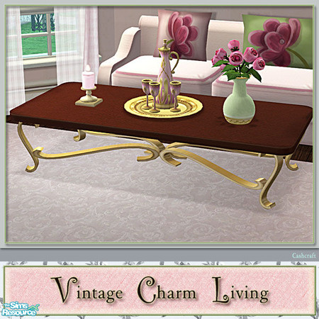 Sims 2 — Vintage Charm Living - Coffeetable Recol by Cashcraft — A sofa, loveseat, armchair, ottoman, and coffee table