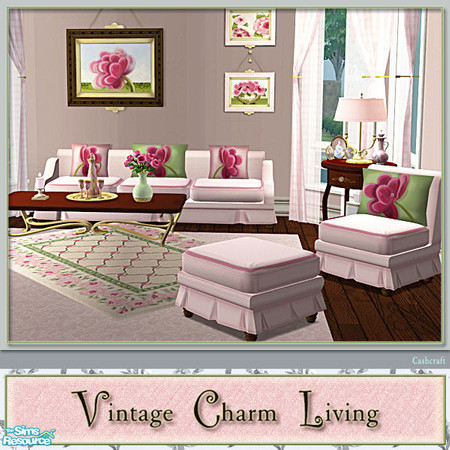 Sims 2 — Vintage Charm Living - Sofa Pink Recol by Cashcraft — A sofa, loveseat, armchair, ottoman, and coffee table for