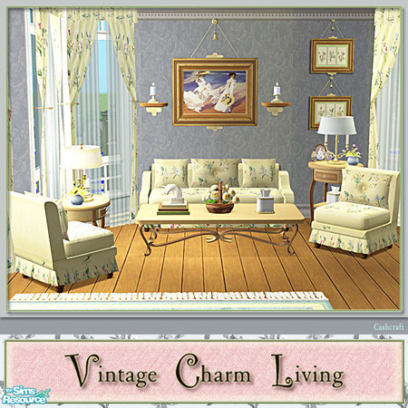 Sims 2 — Vintage Charm Living - Floral Sofa Recol by Cashcraft — A sofa, loveseat, armchair, ottoman, and coffee table