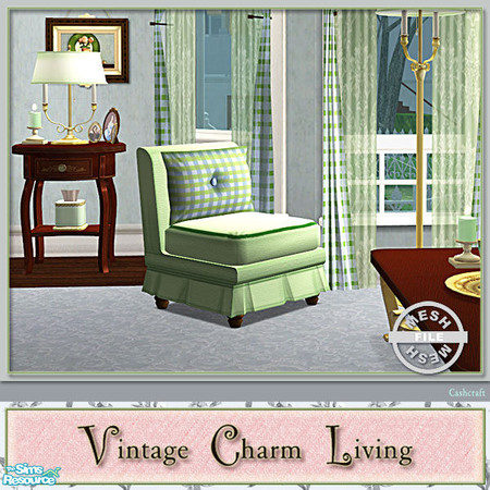 Sims 2 — Vintage Charm Living - Livingchair Mesh by Cashcraft — A sofa, loveseat, armchair, ottoman, and coffee table for