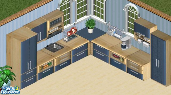 Sims 1 — Blue 2003 Kitchen by Secret Sims — Includes: Counters(5), Fridge, Cabinet, Dishes, Wall Set