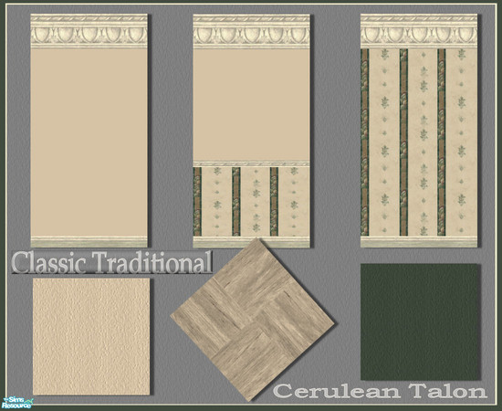 Sims 2 — Classic Traditional Walls and Floors by Cerulean Talon — Beautiful crown molding accent the classic wallpaper