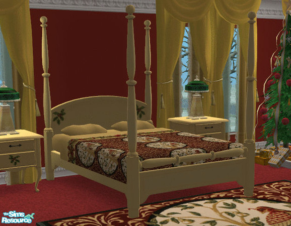 Sims 2 — 12 days of Christmas Bedroom Bed by lisa9999 — Golden four poster bed with holly accents.