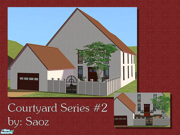 Sims 2 — Courtyard Series #2 by Saoz — A spacious two-story home with a front courtyard and attached garage. Includes a