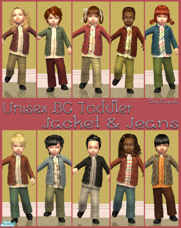 Sims 2 — Unisex BG Toddler Jacket & Jeans by GrayDragonfly — This set includes 10 recolors of the Unisex BG Jacket