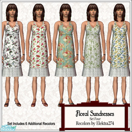 Sims 2 — Floral Print Sundresses, Set 4 by elektra274 — A collection of 11 dresses featuring floral print fabric and