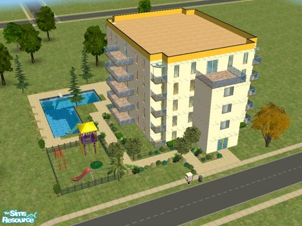 Sims 2 — Bellaviva Complex by ecolo — 3 apartments at 5000+ and 1 apartment at 10000+. Pool and playground for children.