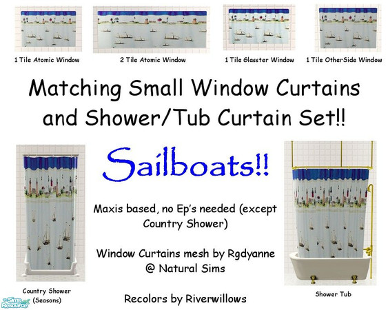 Sims 2 — Sailboats Bathroom Set by Riverwillows — A matching set of small window, tub, and shower curtains, featuring