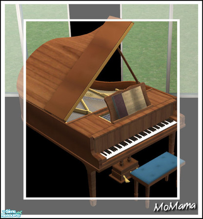Sims 2 — NK Grand Pianos - Piedmont Cherry by MoMama — A grand piano of Piedmont Cherry with a bright blue seat.