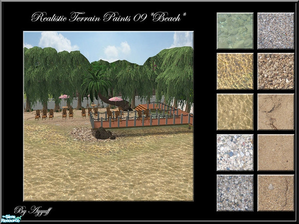 Sims 2 — Realistic Terrain Paints 09**Beach** by ayyuff — Included: 10 realistic ground covers.(water,sand,gravel sand)