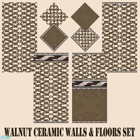 Sims 2 — Walnut Ceramic Walls & Floors Set by Sheera — This set includes 8 items : 4 walls and their 4 matching
