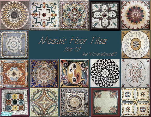 Sims 2 — Mosaic Floor Tiles by VictoriaGrace — Set of 17 floor tiles in a variety of patterns, colors and styles. This is