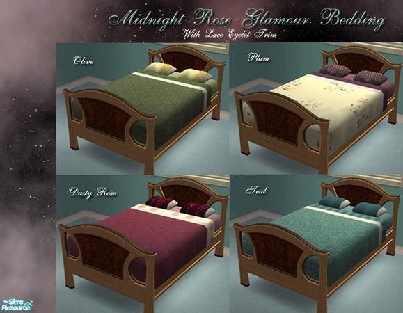 Sims 2 — MRC Glamorous Bedding by MidnightRose — New glamorous bedding in 4 stunning colors with lace eyelet trim.