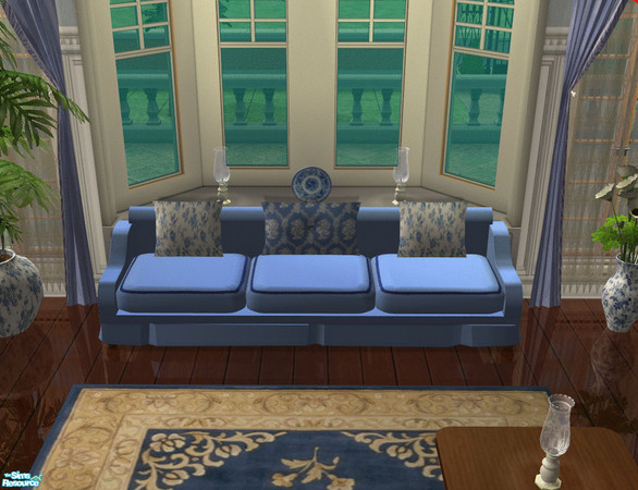 Sims 2 — Mayfair Living Room Sofa by lisa9999 — A medium blue upolstered sofa with a dark blue pipping.