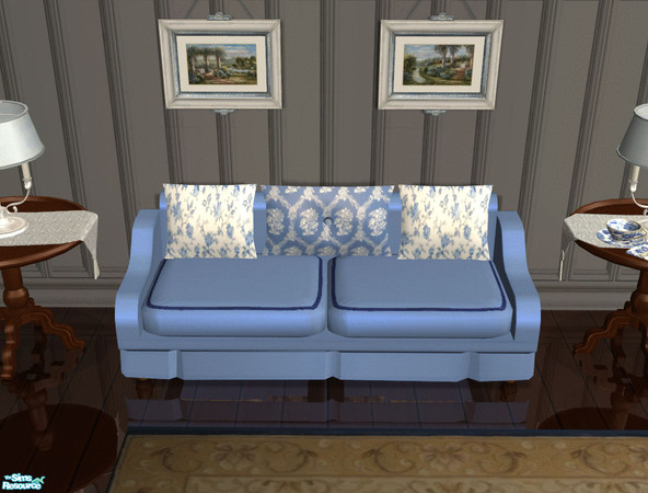 Sims 2 — Mayfair Living Room Loveseat by lisa9999 — A medium blue upolstered loveseat with dark blue pipping.