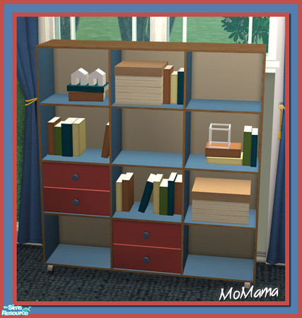 Sims 2 — NK Kelly BR Natural Oak - Bookcase by MoMama — Natural Oak bookcase with red drawers, blue shelves and cream and