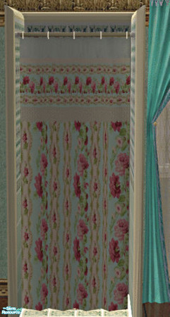 Sims 2 — Spring Time Bathroom Shower Curtain by lisa9999 — Teal background with floral print and lace accents.