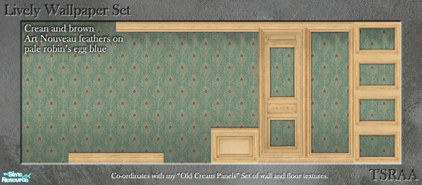 Sims 2 — Lively Wallpaper Set by MsBarrows — Graceful peacock feathers of brown and cream on a pale robin\'s egg blue