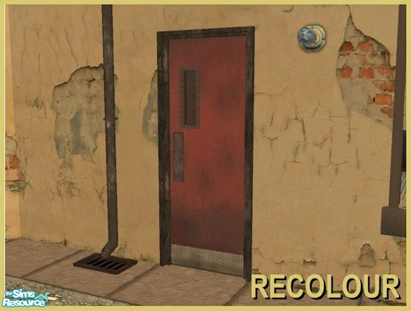 Sims 2 — Industrial Doors - Red Recolour with Kickplate by Cyclonesue — A grimy red painted door with metal kickplate.