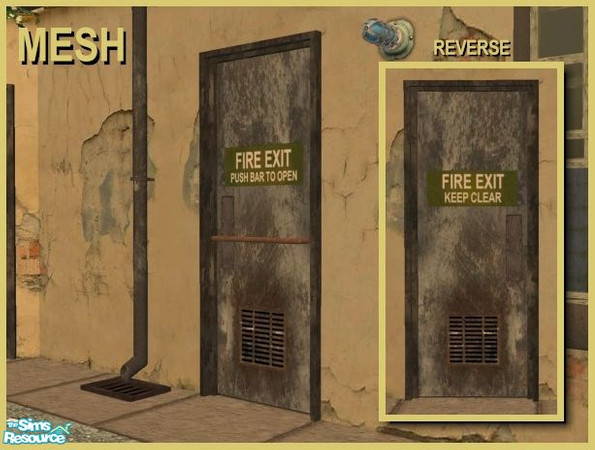Sims 2 — Industrial Fire Escape Door (MESH) by Cyclonesue — Reversible fire escape door (one side features bar to open,