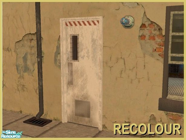 Sims 2 — Industrial Doors - White/Red Recolour by Cyclonesue — A grimy white door with worn red striping and air vent.