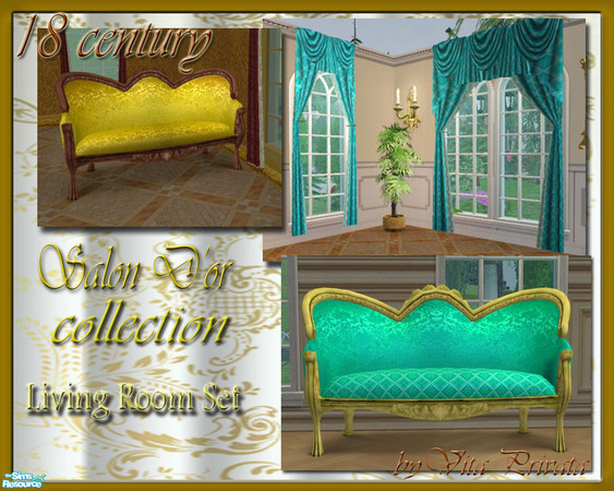 Sims 2 — 18 century Turquoise Living Room Set by VitaPrivata — Rococo golden and turquoise brocade Loveseat and Curtains