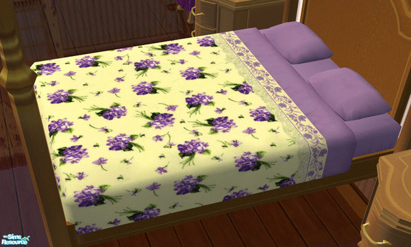 Sims 2 — Violet Bedroom Bedding by lisa9999 — A yellow bedspread covered in violets with lace trim.