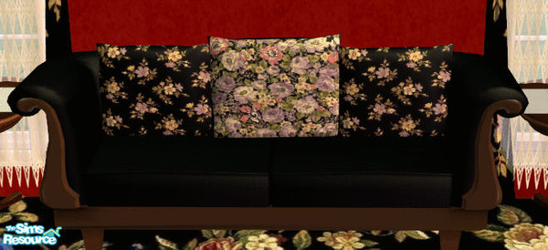 Sims 2 — Night Livingroom Set Couch by lisa9999 — A black upolstered couch with floral pillows.