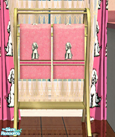 Sims 2 — Sarah\'s Pink Poodle Batroom Towel Rack by lisa9999 — A light brass towel rack with pink towels with appliqued