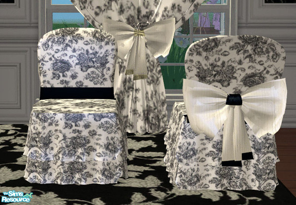 Sims 2 — Black and White Dining Chair by lisa9999 — A black and white toile fabric covered chair with a black satin ribon