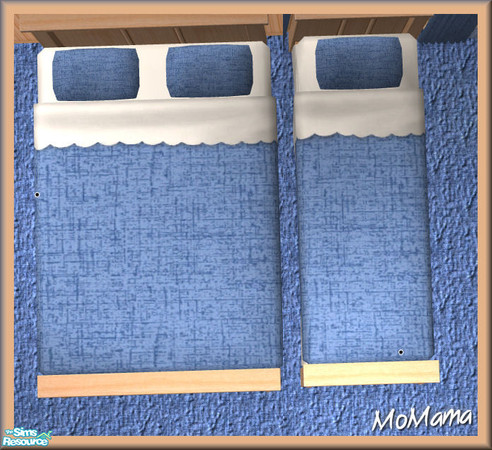 Sims 2 — NK Mission BR Blue - Bedding by MoMama — A nice blue quilt with matching pillows on white sheets and mattress.
