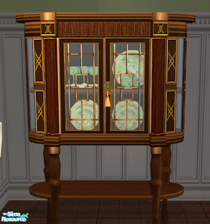 Sims 2 — Huntergreen Dining China Cabinet by lisa9999 — A dark wood china cabinet with green dishes.