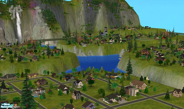 Sims 2 — Hidden River Falls by cat3cm — Lots of winding rivers through a multi-level neighborhood. Fun layout!