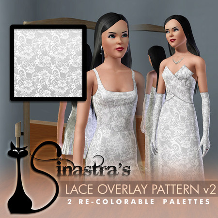 Sims 3 — Lace Overlay V2 by Sinastra — This pattern features a lace overlay design. It has 2 Recolorable palettes.