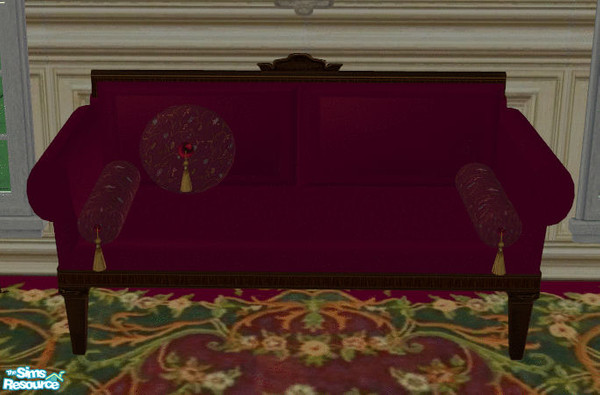 Sims 2 — Burgundy Dining Room Loveseat by lisa9999 — A bugundy upolstered loveseat with print throw pillows.