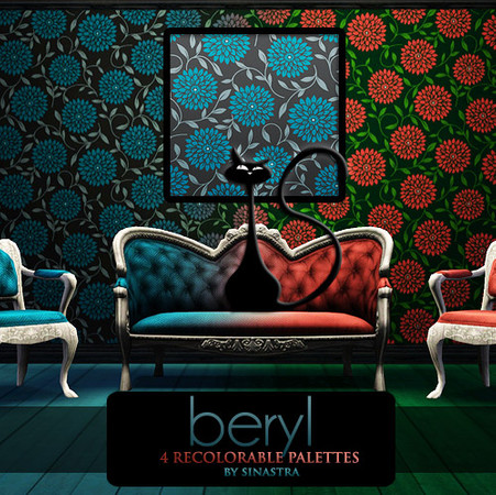 Sims 3 — Beryl [Pattern] by Sinastra — This pattern has 4 recolorable palettes. It features a flower/vine design. 