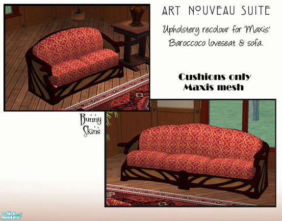 Sims 2 — Art Nouveau Suite: Red Sofa Upholstery by BunnyTSR — Upholstery recolour of Maxis\' Baroccoco art nouveau
