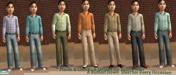 Sims 2 — Plaids, Checks, & Stripes  by okadoka — A set of seven colorful button down shirts for young men. Send your