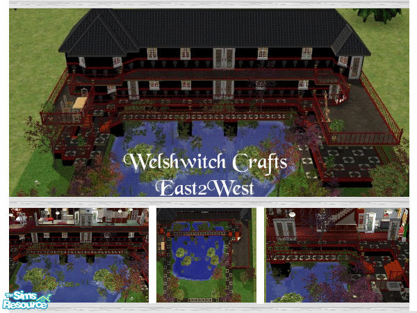 Sims 2 — East2West by WelshWitch — Japanese Style home with western influence. Large pond area crossable by bridge. Black