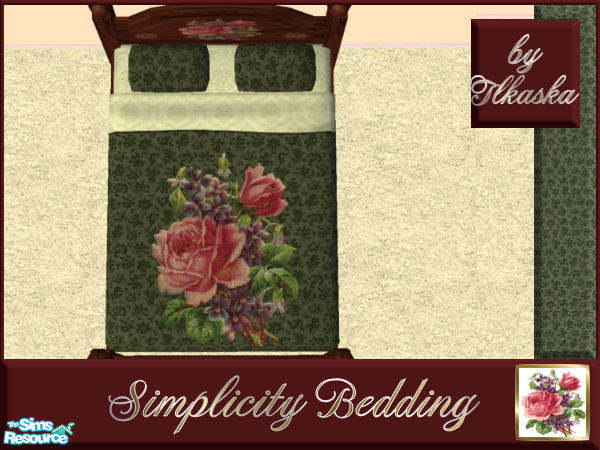 Sims 2 — Simplicity Bedroom MESHES - Bedding by tlkaska — This dark wood double-bed and endtable with victorian pink