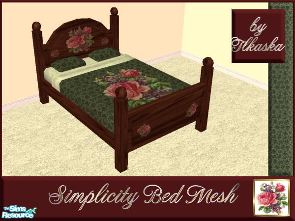 Sims 2 — Simplicity Bedroom MESHES - Bed by tlkaska — This dark wood double-bed and endtable with victorian pink roses