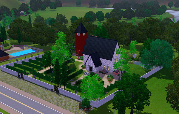 Sims 3 — Riverview Memorial Chuch by caridina — A beautiful old chuch perfect for both wedding och funeral. The graveyard