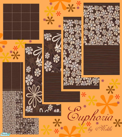 Sims 2 — Euphoria by Mekhi — Dark brown, flowery set consisting of one tiled wall and floor plus four matching