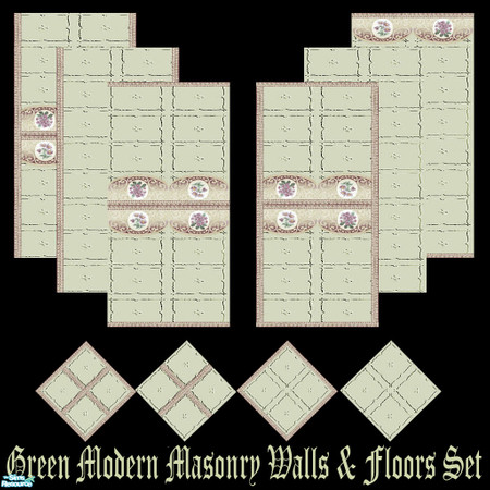 Sims 2 — Green Modern Masonry Walls & Floors Set by Sheera — This set includes 10 items : 6 walls and their 4