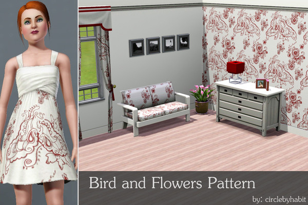 Sims 3 — Bird and Flower Pattern by circlebyhabit — A swirly bird and flower pattern.