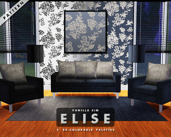 Sims 3 — Elise  by Vanilla Sim — Elegant floral pattern in navy and taupe. Loveseat and Chair pictured from Shakeshafts