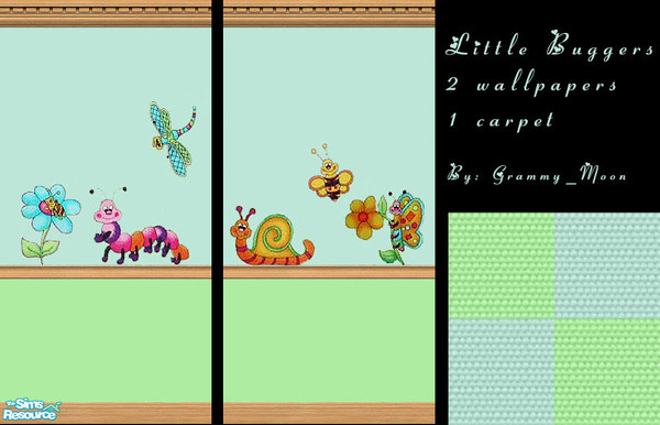 Sims 2 — Little Buggers Set by Grammy_Moon — Set includes 2 walls and a matching carpet featuring cute little bugs for